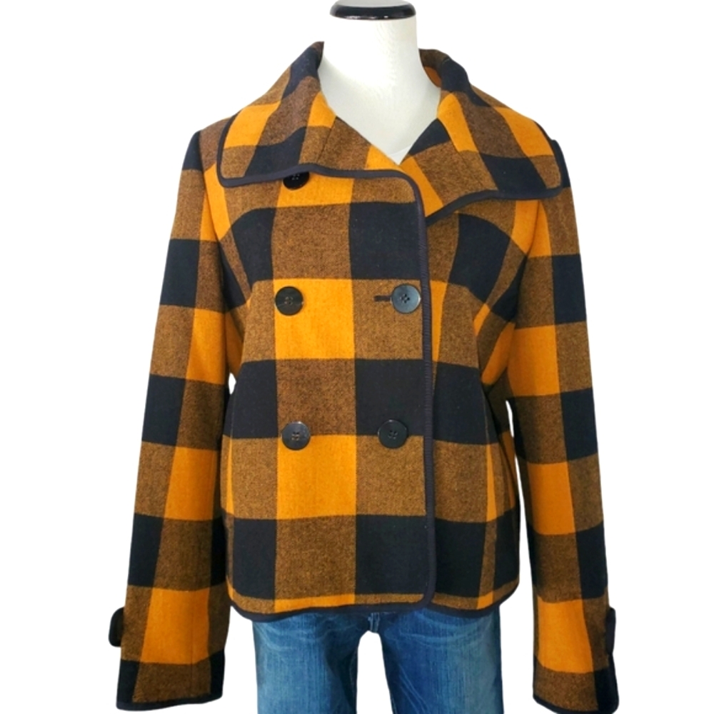 LOFT Black and Orange Checkered Pea Coat